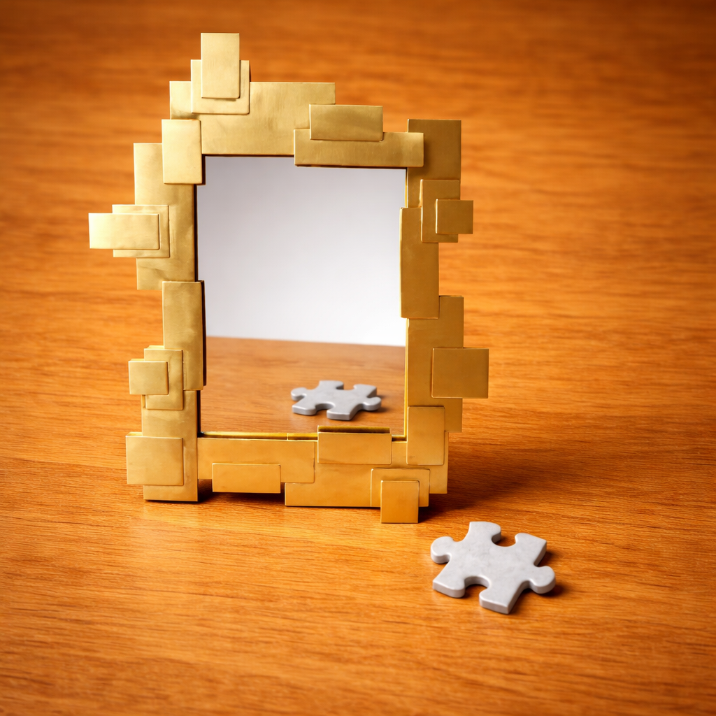 piesă de puzzle în fața unei oglinzi pe suprafață din lemn